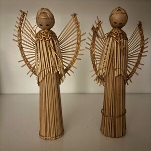Vintage Wood Rattan Angel Christmas Ornament Handmade Set Mid Century Primitive